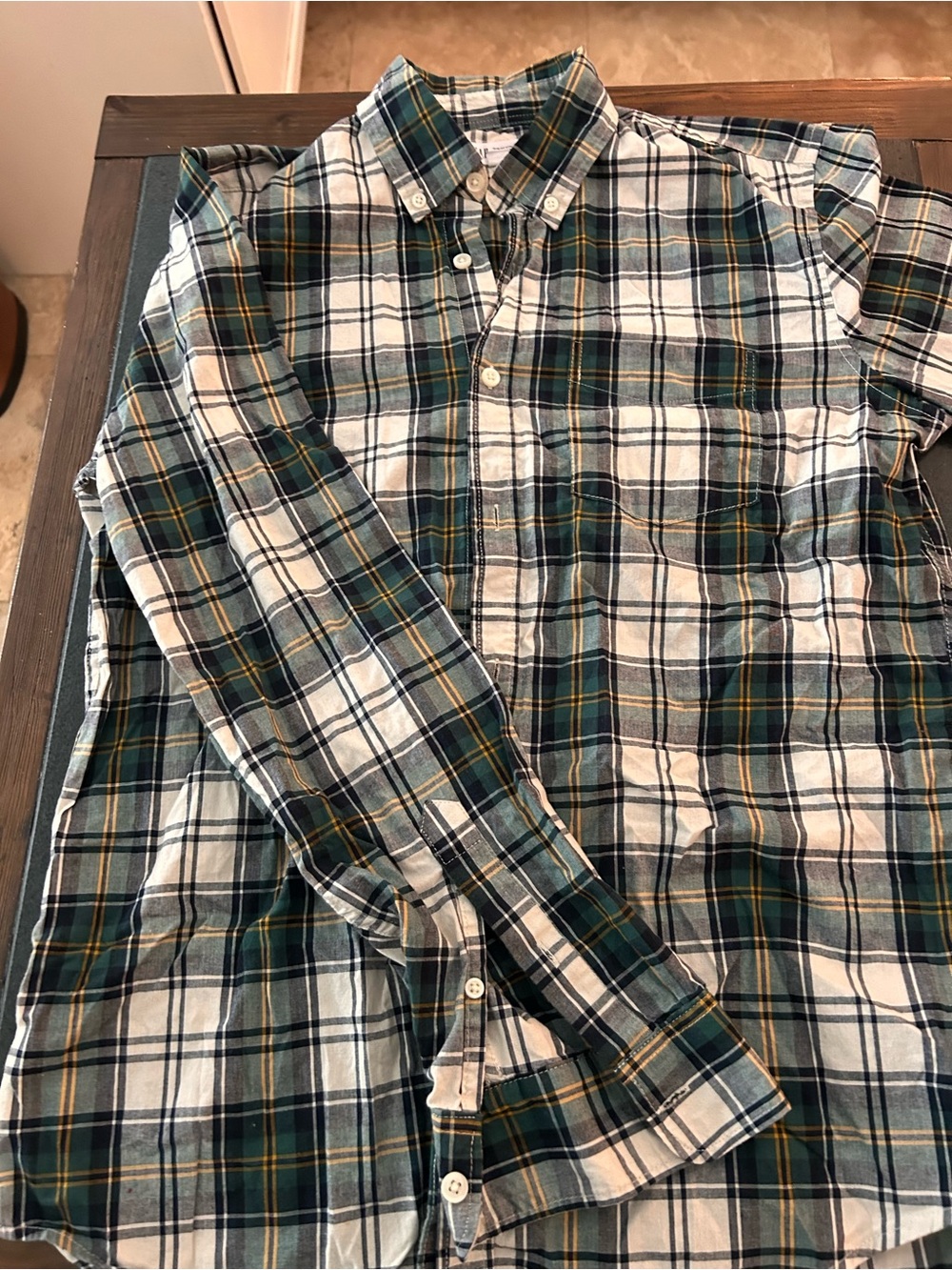 GAP Men's Green and White Plaid Button-Down Shirt